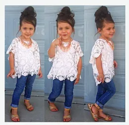 Estilo europeu crianças roupas de verão ternos menina rendas topos colete wasitcoatdenim jeans três peças conjuntos infantil roupas da menina do bebê 9943924