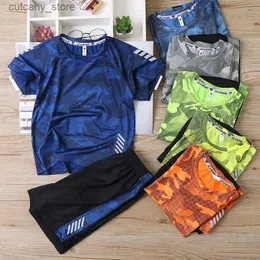 Camisetas verão ao ar livre camuflagem de secagem rápida crianças top camiseta + shorts conjuntos de absorção de umidade bebê meninos 2 peças conjuntos de treino 3-14 anos l240311