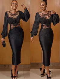 2021 Plus Size Arabic Aso Ebi Black Luxurious Sexy Prom Dresses Pärled Sheer Neck Te Längd Evening Formal Party Second Reception3913543