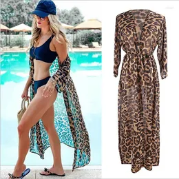 Sexy leopardo impresso praia cobrir chiffon cover-ups roupa de banho wear verão beachwear feminino vestido longo