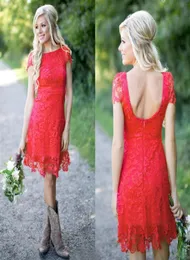 2016 Popular Red Lace Western Country Bridesmaid Dresses Cheap Bateau Short Sleeve Backless Above Knee Length Maid Of Honor Gown E3282728