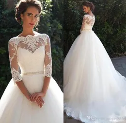 Abiti da sposa vintage in pizzo ALine trasparenti collo alto con mezze maniche lunghe perle fusciacca principessa su misura abiti da sposa economici P7547675