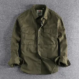 Retro Männliche Cargo Hemd Jacke Leinwand Baumwolle Khaki Militär Uniform Licht Casual Arbeit Safari Stil Hemden Herren Top Kleidung 240308