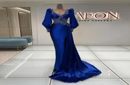 Royal Blue Appliqued Mermaid Prom Dresses V Neckline Beaded Evening Gowns Long Sleeves Sweep Train Satin Overskirt Formal Dress7483579