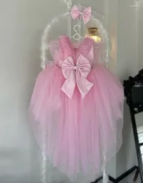 Vestidos de menina longo trem rosa glitter tule bebê meninas vestido de festa lolita primeiro aniversário vestido de princesa roupas com arco grande