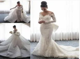 2019 Luxury Mermaid Wedding Dresses Sheer Neck Long Sleeves Illusion Full Lace Aptique Bow Overskirts Back Chapel Train BR4291855