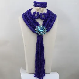 Kolczyki naszyjne Zestaw królewski niebieski Nigeryjska biżuteria ślubna afrykańskie kobiety kryształowe biżuterię koraliki pasmowe upuszczenie ABL852
