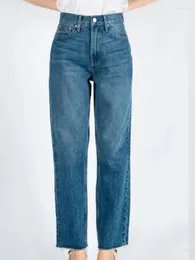 Kvinnors jeans vår/sommar kvinnor byxor hög midja retro tvättad blå rak kalv över topplinjen dekorerad