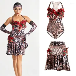 Stage Wear 2024 Leopard Print Rose Sexy Bodysuit podzielona spódnica garnitur Chacha Rumba tango sukienka latynoska kostium dla kobiet DN17395