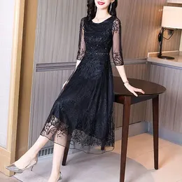 Casual Dresses Mesh Embroidered Dress For Women In Summer High-end Style Slim Fitting Belly Covering Waist Closing Mid Length Skirt