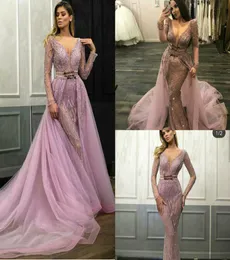 2019 Gorgeous Mermaid Evening Dresses With Detachable Train V Neck Lace Sequined Long Sleeve Prom Gowns Party Wear Quinceanera Dre5818371