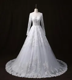 2018 Wangyandress White Lace Beach Wedding Dresses Custom Jewel Long ärmar En linje Bröllopsklänningar Court Train Organza Vintage Brid2961971