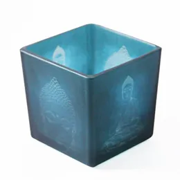 Unik Budda Candle Holder 4 "Cube Tealight Votive Fosted Square Glass Jar Deocorative Zen Art for Home Restaurant Spa Blue White