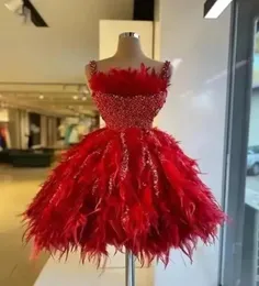 Sexy Red Feathers Ball Gown Cocktail Dresses Sparkly Sequins Prom Wear Short Sleeveless Evening Party Dress Women Formal Gowns PRO3930387