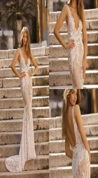 2022 Berta Mermaid Wedding Dress V Neck Backless Spets Appliqued Beach Sexig brudklänningar7517750