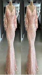 Yousef Aljasmi 2020 Evening Dresses V Neck Lace Appliqued Pink Feather Mermaid Prom Gowns Long Sleeves Sweep Train Special Occasio7901295