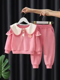 Cute Baby Girls Clothes Sets Casual Peter Pan Collar Kids Pullover Coats TopsPants 2Pcs Spring Autumn Children Clothing Suit 240403