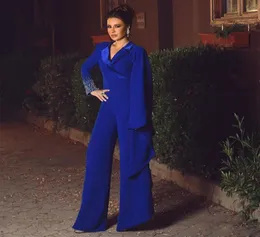 Modern Royal Blue Jumpsuit Evening Dresses V Neck Long Sleeve Pärlor Kvinnor Blandar Ankellängd Satin Outfit4250153