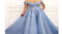 Designer Blue Off The Shoulder Prom Dresses 3D Flower Beading Abendkleider Aftonklänningar Draped Long Prom Dress 2022187603