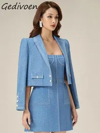 Casual Dresses Gedivoen Autumn Fashion Designer Blue Vintage Denim Dress Women Lapel Pocket Slim Coats Sashes Mini Sling 2 Piece Set