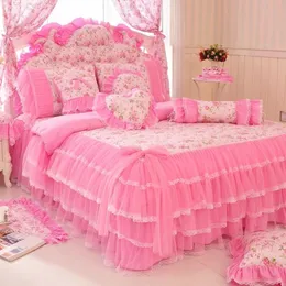 Estilo coreano rosa renda colcha conjunto de cama rei rainha 4 pçs princesa capa edredão saias roupas algodão casa têxtil 201114312f