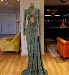 Hunter Green Pailletten-Abendkleider mit seitlichem Schlitz, sexy Stehkragen, lange Ärmel, Meerjungfrau-Partykleid, Robe de Soire, Dubai African Wear 2566887