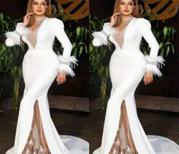 Chic 2020 Arabic White Mermaid Prom Dresses With Feather Long Sleeve High Side Split Formal Evening Gowns Custom Made Plus Size Pa3743221