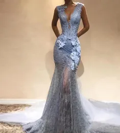 Abendkleider 2020 Dusty Blue Lace long Mermaid Prom Dresses Sexy V Neck Sleeveless Formal Party Gowns Vestido De Festa9540035