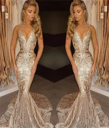 2020 Luxury Gold Sopecinded Mermaid Prom Dresses Deep v Neck Sweep Train Long Formal Plus Size Simpary Octunes Evening PartyPagean8158200