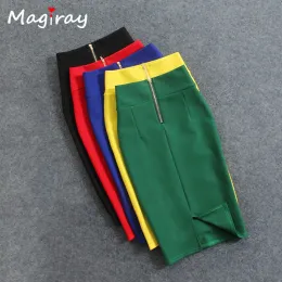 드레스 Magiray High Waist Elastic Pencil 치마 여성 Bodycon Skirts Womens Summer 2020 무릎 길이 백 분할 숙녀 사무실 SAIA C571