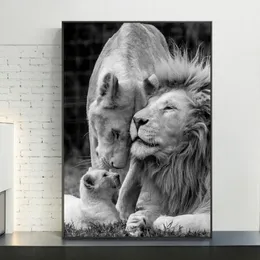 Afrikanische Löwen Familie Schwarz -Weiß -Leinwandkunstplakate druckt Tiere Gemälde an der Wand Bilder Home Decor259u