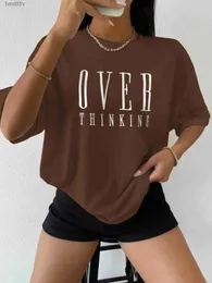 Damen T-Shirt Over Thinking Letter Print Damen Baumwolle Kurzärmelig Atmungsaktiv Vintage O-Ausschnitt Tops All-Math Casual T-Shirts Fe Tee Kleidung 240311