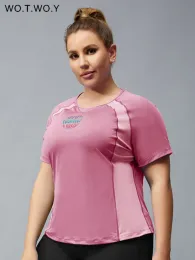 T-shirt wotwoy plus size korta ärmar t-shirt 2022 sommar kvinnor andas elastiska mager fiess toppar kvinnlig snabbtorkning smal tee