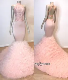 2019 Rosa collo alto sexy sirena abiti da ballo backless pizzo tulle gonfio abito da sera formale abito paillettes abiti da spettacolo personalizzati M4035594