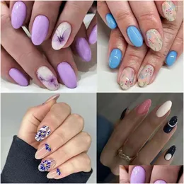 Falska naglar långt ovalt mode franska blå blommor falsk lila fjäril fl nagel tips för diy drop leverans hälsa skönhet konst salong otorc