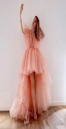 2020 Single Element Trendy Tulle Blush Pink Tiered Tulle Prom Dresses Deep V Neck Ruched High Low Tiered Ruffles Tutu Evening Gown4317987