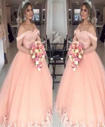 Nowe brzoskwiniowe sukienki Quinceanera aplikacje na ramiona koraliki kulki Tiul 16 Słodka dziewczyna suknia balowa suknie imprezowe