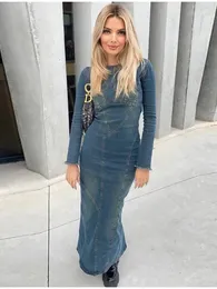 2023 Womens Spring Fashion Blue Denim Dress Long Sleeve Slit Zipper Style Dresses Going Out Casual Maxi Female Y2K 240301