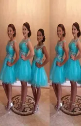 2019 Turquoise Tulle Bridesmaid Dresses with Beaded Scoop Neck Short Prom Party Gowns A Line Graduation Maid of Honor Dress5105625