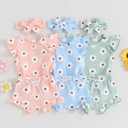 Giyim Setleri FocusNorm 3pcs Bebek Kız Giysileri 0-18m Ruffles Sleeve Ayçiçeği Baskı Romper Şort Head Band