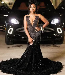 Crystal Obsidian Beading Tassels Mermaid Prom Dress for Black Girls Sheer Mesh Top Sequined Lace Feather Formal Party Gowns 0311 Mal Mal Mal