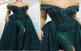 Teal Green Mermaid Prom Dresses Sexig Off Shoulder Sequined Overskirts Golvlängd Festklänningar Plus Size Custom Made6013292