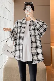 Shirts Spring Maternity Clothes Long Sleeve Turndown Collar Block Color Ruffles Patchwork Pregnant Women Shirts Fashion Plaid Blouses