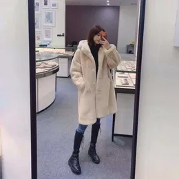Imitação de pele de coelho novo casaco solto longo com capuz de grandes dimensões, casaco de pelúcia feminino engrossado e quente 6650