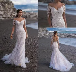 Volle Spitze Lange Ärmel Meerjungfrau Brautkleider Applizierte Brautkleider Custom Sweep Zug Strand Braut Kleid vestido de novia8104424