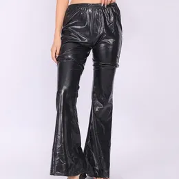 Women's Pants Sexy PU Leather Metallic Shiny Holographic Flare Women Girls Elastic Waist Bell Bottom Trousers Clubwear