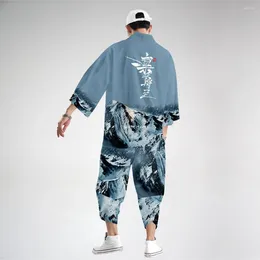 Roupas étnicas Azul Two-Peça Terno Japonês Oversized Cardigan Mulheres Homens Cosplay Yukata Harajuku Moda Kimono Calças Conjuntos