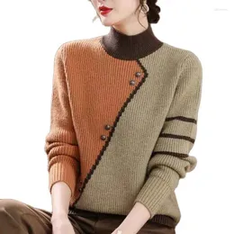 여자 스웨터 하이 칼라 풀오버 2024 가을 겨울 스웨터 짧은 여성 니트 탑 버튼 스플 라이스 따뜻한 캐주얼 아웃복