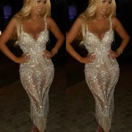 Sparkly Prom Dresses Sequined Tassel V Neck Ankle Length Evening Gowns Luxury Crystal Formal Wear