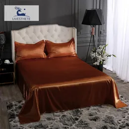 Conjuntos de lençóis liv-esthete luxo marrom 100% seda folha plana caso de seda conjunto de roupa de cama rainha rei pele saudável para a família sleep229b
